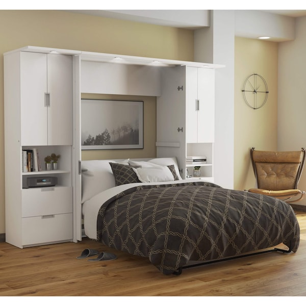 Lumina 106W Full Murphy Bed and 2 Shelving Units with Drawers (107W), White
